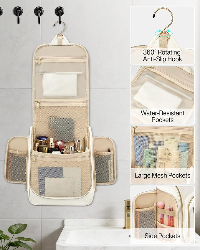 Hanke Hanging Travel Toiletry Bag for Men and Women, Water-Resistant Toiletries Bag Makeup Organizer with Hook, Cosmetic Bag for Bathroom & Travel Essentials Accessories, Off White - Image 5