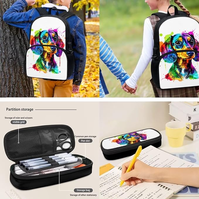 Colorful Dachshund Dog Schoolbag for Boys Girls，4Pcs Dachshund Dog Backpack with Insulated Lunchbag Tote Bag Pen Holder Pouch Water Bottle Carrier Bag - Image 4
