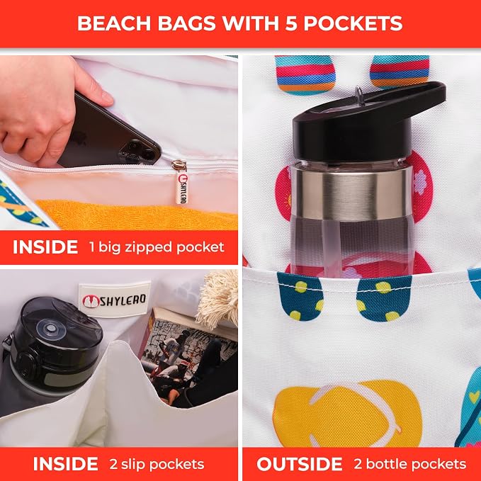 Beach Bag and Pool Bag Has Cooler Pocket, 7 Pockets Total, Zip Top. Family Size Waterproof Beach Tote - Image 7
