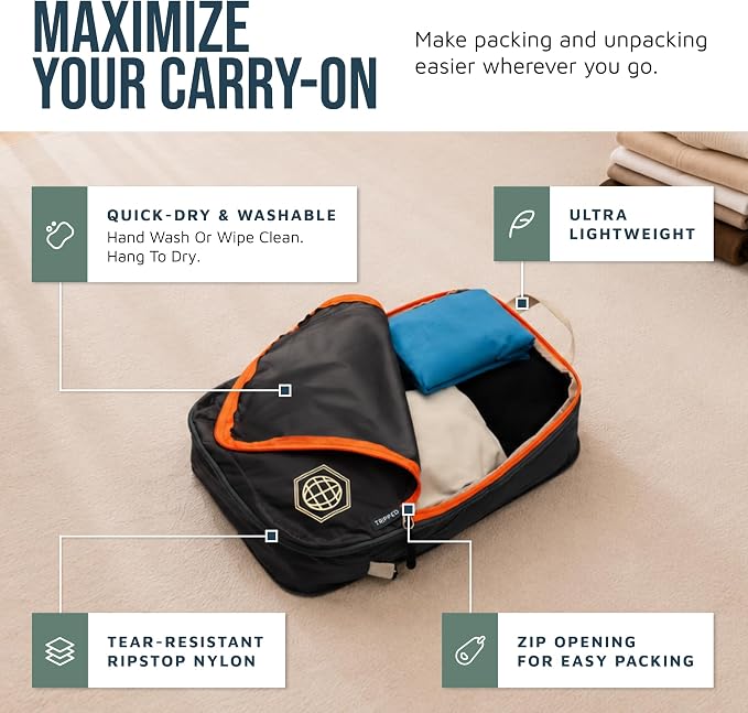 Compression Packing Cubes for Travel, 6-Piece Lightweight Packing Cubes Set for Carry-On Luggage & Backpacks – TRIPPED Travel Gear (Grey and Orange) - Image 3