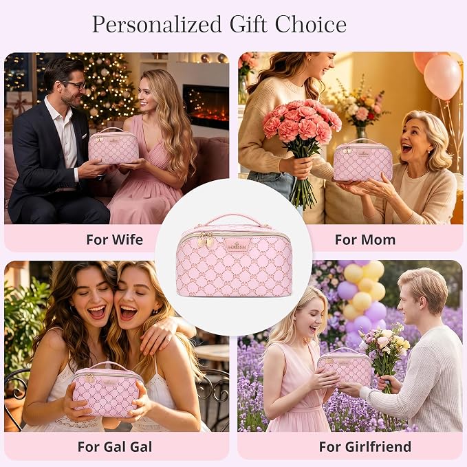 Travel Makeup Bags for Women: 3 Pcs Set Luxury Bow Print Make up Bag - Large Capacity Cute Cosmetic Case - 3–15 Day Travel Toiletry Organizer Bag, Comes with An Gift Box(Jewel pink) - Image 5