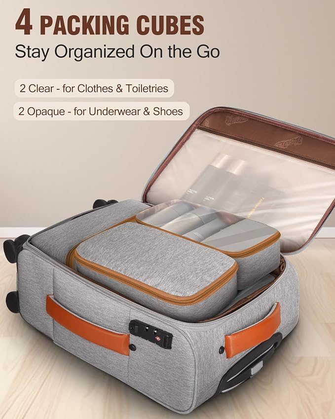 Carry On Luggage 22x14x9 Airline Approved, 20 Inch Softside Suitcase with 4 Pcs, Lightweight Luggage for Women Men with TSA Lock and 4 Spinner Wheels, Soft Side Carry-on Suitcases for Travel, Grey - Image 4