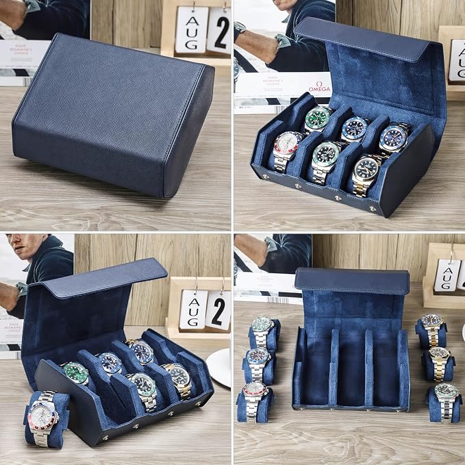 Hiram Genuine Leather Hexagon Watch Roll Travel Case, Leather 6-Watches Roll Case with Removable Pillow Cushion for Treasured Watches and Bracelets-Blue - Image 5