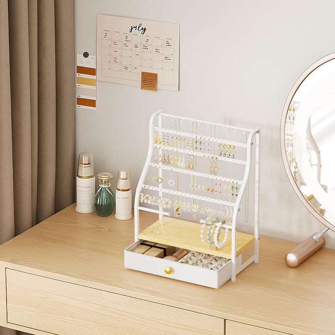SWTYMIKI Earring Holder Organizer - Jewelry Organizer Stand with Necklace Hooks, Watch Rods, Nonwoven Drawer, Large Capacity Jewelry Display for Stud Earring Bracelet Necklace Ring, White - Image 5