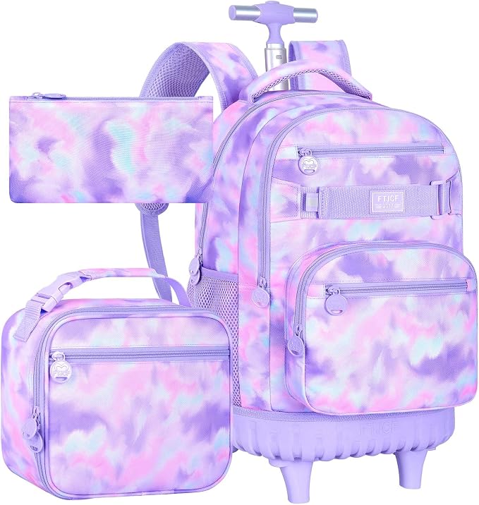3Pcs Rolling Backpack for Girls, 19 Inche Women Roller Bag with Wheels for Adults, Wheeled Bookbag with Lunch Box(Purple) by FTJCF
