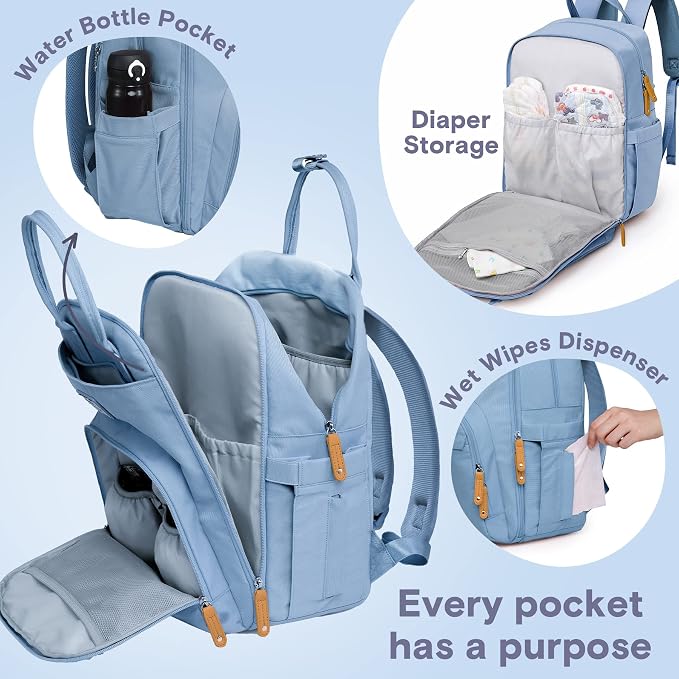 RUVALINO Diaper Bag Backpack-Multifunction Baby Travel Bag with Changing pad, Insulated Bottle Holders & Pacifier Case, Large Capacity, Waterproof, Sky Blue - Image 3