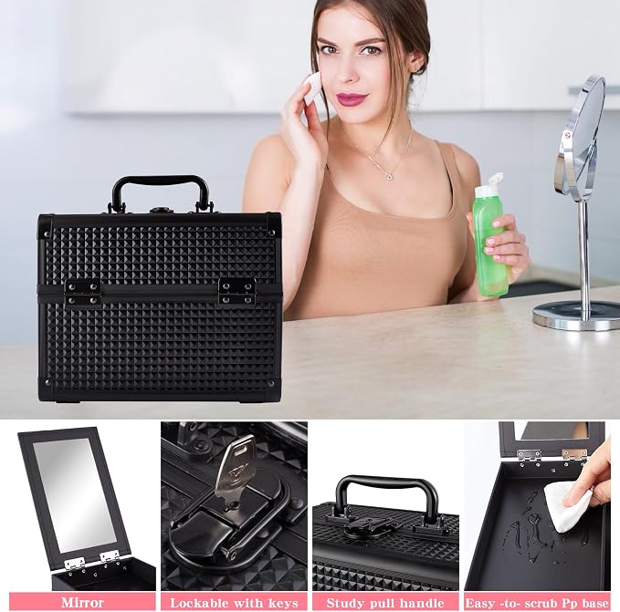 Makeup Train Case, Portable Makeup Case with Mirror, 2-Trays Cosmetic Organizer Case,Nail Polish Organizer, Travel Makeup Box, Profesional for Salon Barber, Black - Image 6