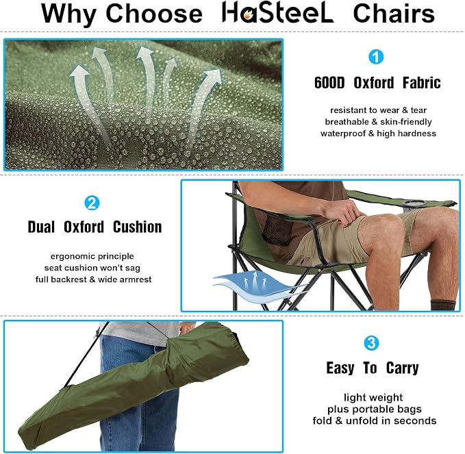 HaSteeL Camping Chair for Adults, Folding Beach Chair Set of 2, Large Foldable Portable Chair for Outdoors Fishing, Hiking, Sporting, Travel, Picnic, Lawn, Hold 275lbs & A Storage Bags (Green) - Image 4