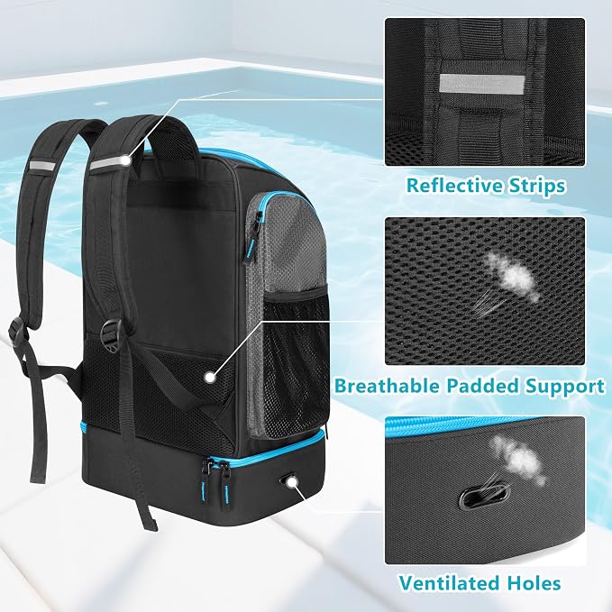 GOBUROS Swim Bag for Swimmers with Shoe Compartment, Swim Backpack for Men and Women, Swimming Bag with Multiple Pockets for Swim Gear Organization, Gray - Image 4