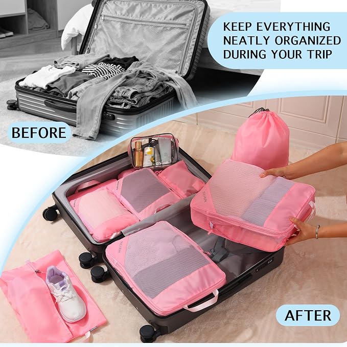 PFEYRPK Lightweight Compression Packing Cubes for Suitcases, Compressible Expandable Travel Packing Organizer with Clear Toiletries and Backpack Bag, Travel Essentials for Carry on Luggage 7 Set - Image 3