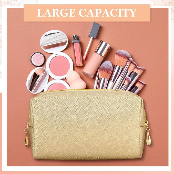 Kigeli Aesthetic Makeup Bags PU Leather Cosmetic Pouches Waterproof Plain Toiletry Bags Makeup Pouches Bulk for Women Party Gift Travel Storage Organizer(Champaign Gold,7.1 x 2.8 x 4.3 in) - Image 3