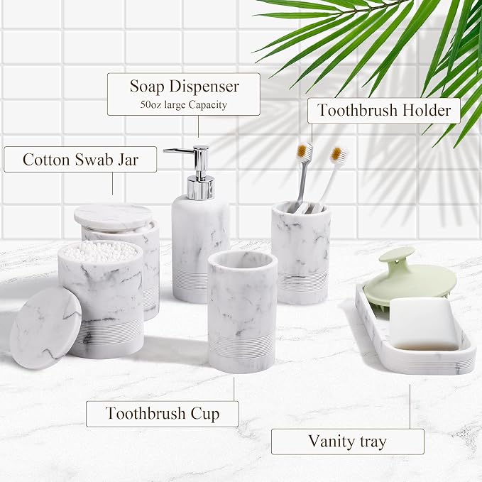 Bathroom Accessories Set, 6-Piece Bathroom Accessory Set, Toothbrush Holders Set, Soap Dispenser, Vanity Tray, Tumbler, Cotton Swab Jars, Bathroom Organizer for Modern Bathrooms (Marble White) - Image 6