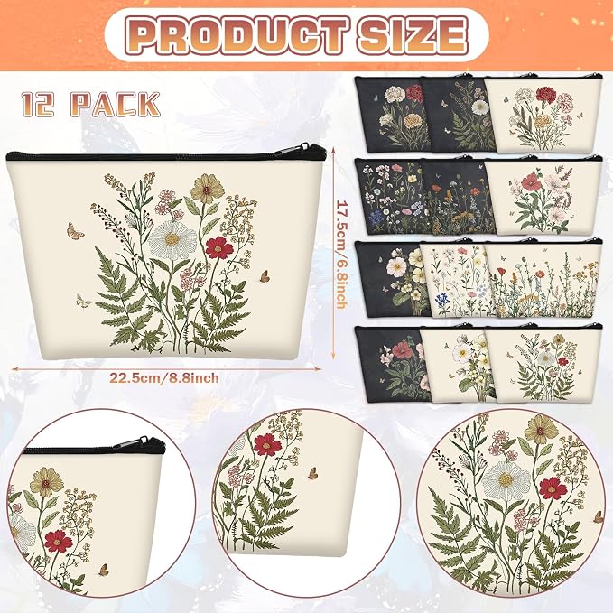 Sweetude 12 Pcs Black Flower Makeup Bags Bulk Portable Wildflower Travel Cosmetic Bags with Zipper Floral Waterproof Roomy Travel Toiletry Organizer Storage Beauty Pouch for Women Wedding Gifts - Image 4