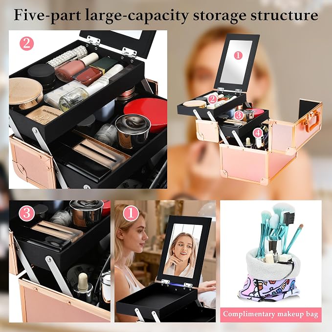 Makeup Train Case, Portable Makeup Case with Mirror, 2-Trays Cosmetic Organizer Case,Nail Polish Organizer, Travel Makeup Box, Profesional for Salon Barber, Rose Gold - Image 5