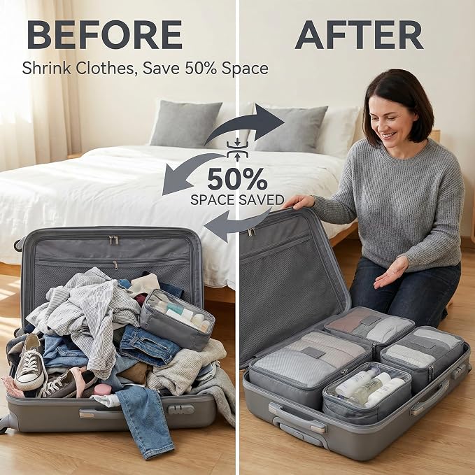 6 Set Compression Packing Cubes for 7–14 Day Travel, Charcoal Gray | Nylon Oxford Fabric, Full Breathable Mesh, Reinforced Double-Zipper, Small to Large Size Bag, Expandable Packing System - Image 5