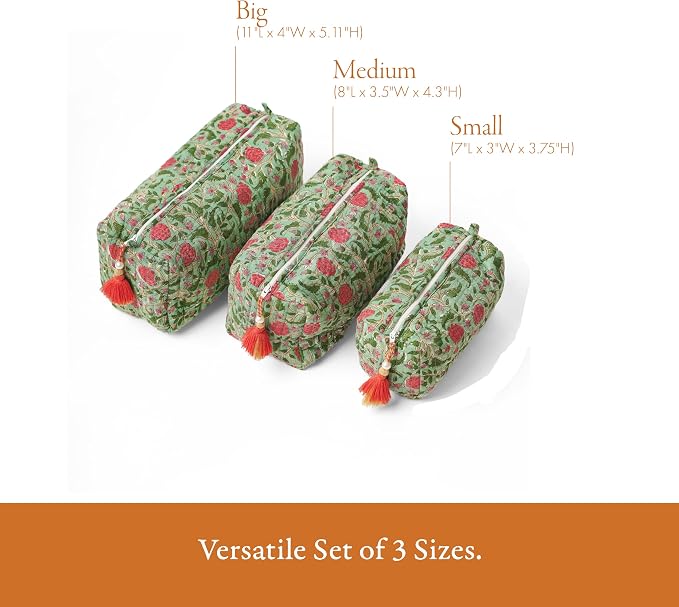 Saffron Marigold Quilted Makeup Bag Set of 3, Hand Block Printed Cotton Cosmetic Bags for Women, Waterproof Lined Travel Toiletry Bag, Coquette Floral Aesthetic, Handmade Gift, Rambling Rose - Image 5