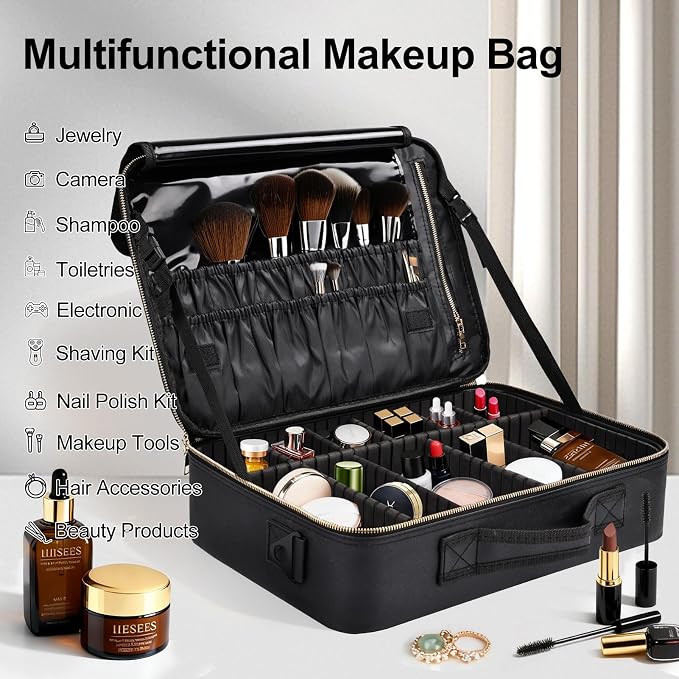 Large Travel Makeup Case, Professional Makeup Train Case Organizer, Portable Cosmetic Brush Bag Holder Waterproof Makeup Artist Storage Box with Adjustable Dividers and Shoulder Strap, Leather Black - Image 5