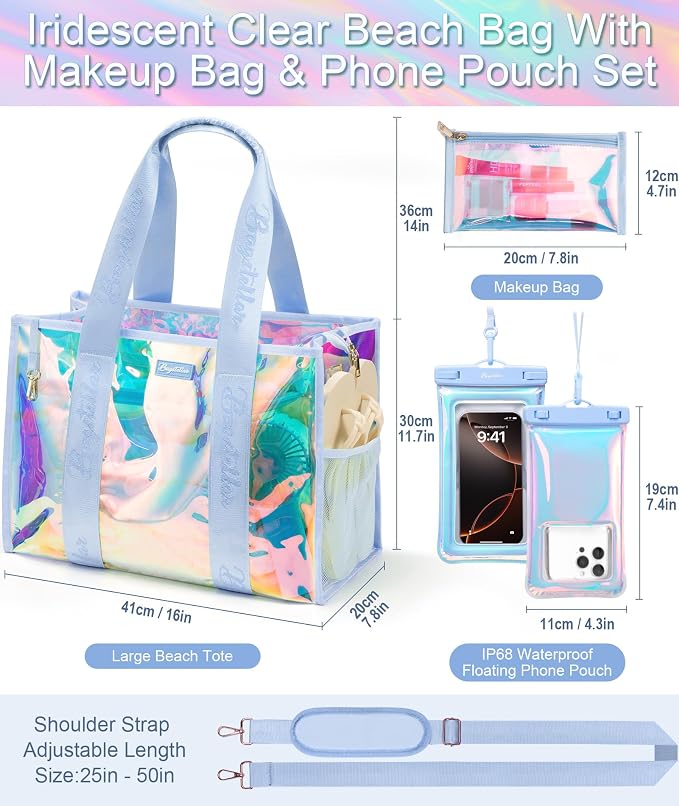 Bagstellar Iridescent Beach Bag, Jelly Tote Bag with Phone Pouch Makeup Bag | Large Beach Bags Waterproof Sandproof, Zipper Beach Tote Clear Pool Swim Boat Bag for Women Summer Travel Cruise Essentials - Image 3