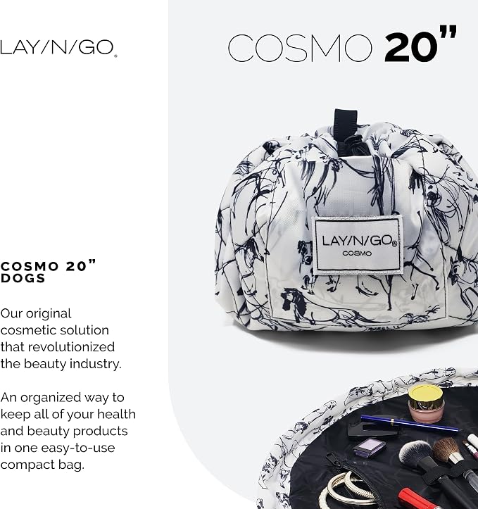 Lay-n-Go Cosmo Layflat Drawstring Cosmetic & Makeup Bag Organizer w/Zipper Pocket, Brush Loops & More, Cinch to Close, Lay Flat to Use, Durable, Machine Wash, Travel Toiletry Bag (20", Dogs) - Image 3