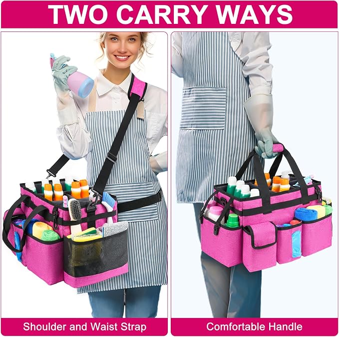 Cleaning Caddy Bag,Large Cleaning Supplies Organizer with Handle for Housekeepers,Rose Red - Image 5
