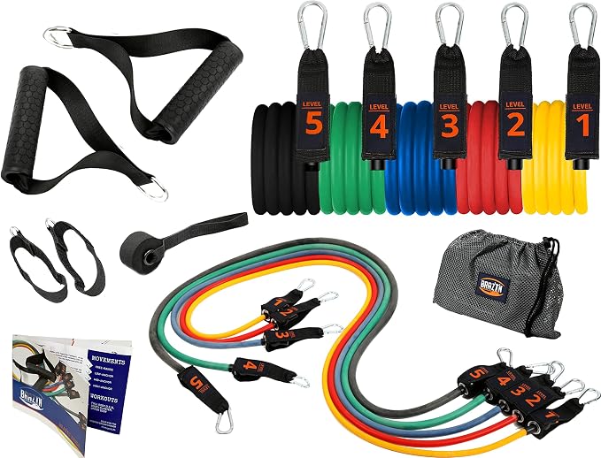 Brazyn Resistance Bands Kit with Handles 12-Piece Band Set with Travel Pouch, Guide, Ankle Straps & Door Anchor - for Workouts Gym Strength Training Bungee Yoga Pilates Physical Therapy - 150lbs - Image 7