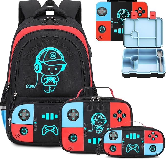 Bevalsa Backpack for Boys with 43OZ Bento Lunch Box,Insulated Lunch Bag & Pencial Case,Cool Luminous Gamer Schoolbag for Kids Teens Elementary Middle School,Bookbag Glow In The Dark by Bevalsa