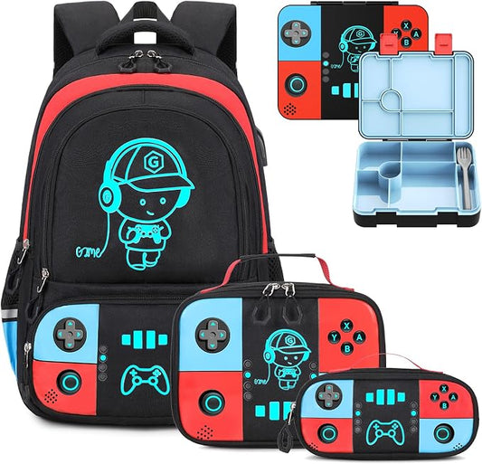 Bevalsa Backpack for Boys with 43OZ Bento Lunch Box,Insulated Lunch Bag & Pencial Case,Cool Luminous Gamer Schoolbag for Kids Teens Elementary Middle School,Bookbag Glow In The Dark by Bevalsa