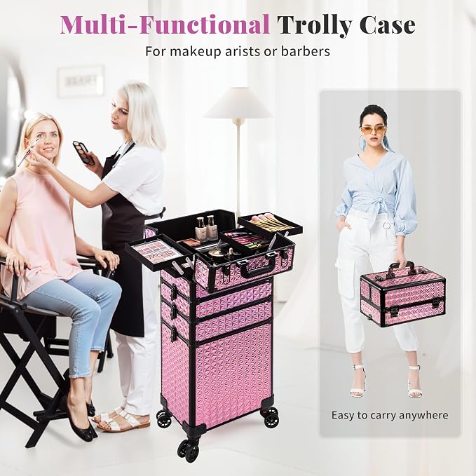 AROUS 5 in 1 Rolling Makeup Train Case with Lid Cosmetology Case on Wheels | Large Cosmetic Trolley Organizer with Keys Salon Barber Case Traveling Cart Trunk for Artist Hairstylists Nail Tech, Pink - Image 6