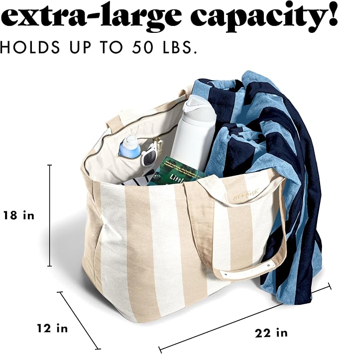 Fit & Fresh XL Beach Tote Bag for Women – XL Travel Tote with Zipper & Pockets, Oversized Canvas Pool Bag, Weekender Carry-On - Image 3