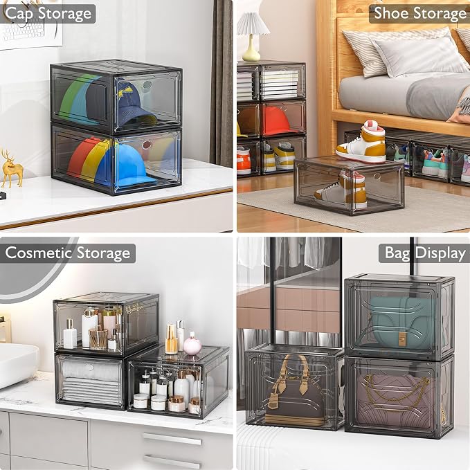 12 Pack Clear Shoe Storage Organizer with Magnetic Door, Stackable Plastic Shoe Boxes for Sneakers, Boots, and Heels, Space-Saving Foldable Shoe Rack for Closet, Durable Shoe Cabinet Organizer, Black - Image 5