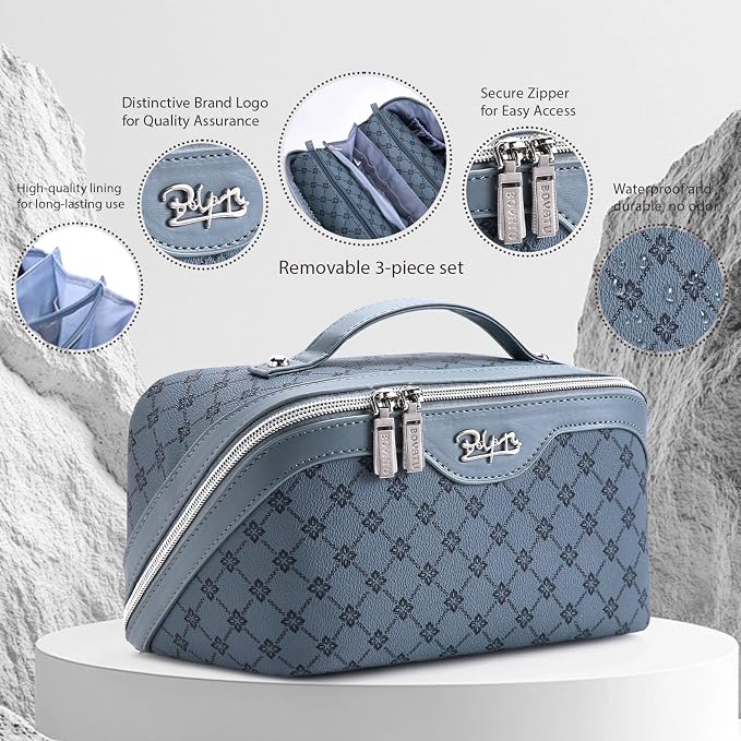 BOYATU Travel Makeup Bag Cosmetic Bags for Women: 3 Pcs Set Large Capacity Make up Bag with Handle - Vegan Leather Toiletry Bags with Compartments - Makeup Organizer for Travel Essentials(A-4-Blue) - Image 2
