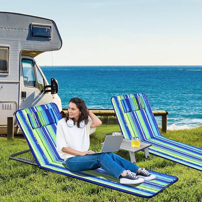 GYMAX Beach Chairs, Folding Tanning Lounge Chairs with Table Set, Adjustable Patio Floor Chair, Outdoor Sunbath Chair with Desk, Pillow & Storage Bag for Outside, Patio, Poolside (Blue Stripe) - Image 8