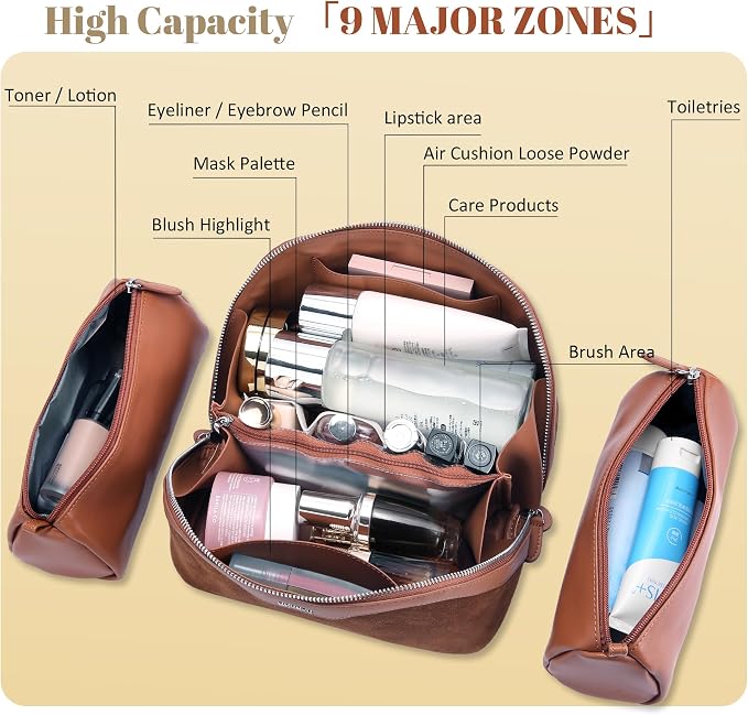 BOYATU Genuine Leather Travel Makeup Bag: Large Capacity 3 Pcs Set Cosmetic Bags for Women - Designer Waterproof Hand-made for Toiletry Organizer - Travel Essentials for Elegance (06Suede-Brown) - Image 3