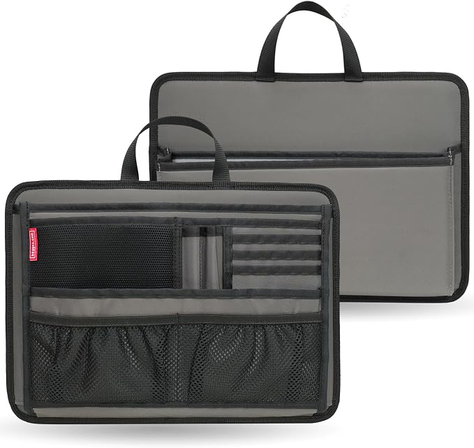 Slim Rugged Organizer Insert for Briefcase Messenger Tote Bag-13 Pockets,Durable Padded Nylon,Handle - Grey by DELTAMANN