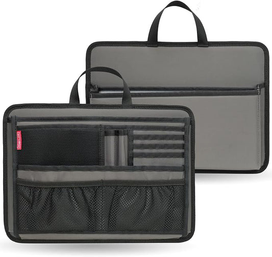 Slim Rugged Organizer Insert for Briefcase Messenger Tote Bag-13 Pockets,Durable Padded Nylon,Handle - Grey by DELTAMANN