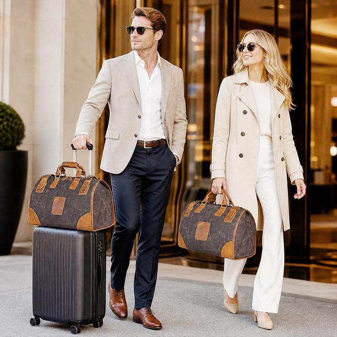Water Resistant Canvas + Leather Travel Luggage Tote Duffle Gym Suitcase Weekender Overnight Bag For Men Male FB8151 (X-8151-Green) - Image 3