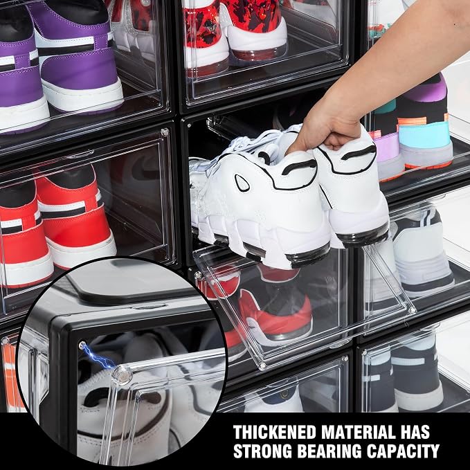 12 Pack Shoe Boxes, Clear Acrylic Plastic Shoe Boxes Stackable, Space-Saving Foldable Drop Front Shoe Storage Boxes Container for With Lids Fits Up to Size 15 (Dark Black) - Image 5