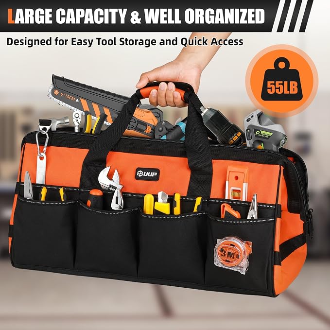 UUP Tool Bag ExtraLarge 20", Heavy Duty Spacious Tool Box Organizer, Orange | 16 Pockets & MOLLE. Detachable Strap & Handle. Non-slip Base, Metal Buckle. 30lb Holds Tools on Truck, Garage, Men Gift. - Image 4