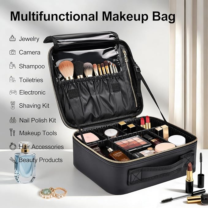 Travel Makeup Bag with Brush Holder, Professional Cosmetic Train Case Organizer for Women, Portable Travel Makeup Brush Carry Case Cosmetic Artist Storage Box with Adjustable Dividers, Leather Black - Image 5