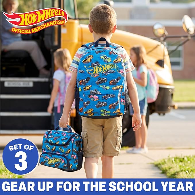 Get Trend Hot Wheels Boys Backpack, Lunch Bag & Pencil Case, 3 Piece Set | 18 inch Bookbag, Adjustable Padded Straps, Insulated Lunch Bag, Zipped Pencil Pouch, School Supplies, Gamer Gifts for Boys - Image 2
