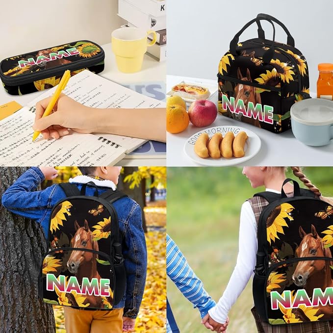 Sunflower Horse 4 Pieces/Set Kids Backpack, Yellow Flower Lunch Bag for Boys Girls, Floral Black Bookbag Insulated Lunch Box Water Bottle Carrier Bag Pen Pouch - Image 4