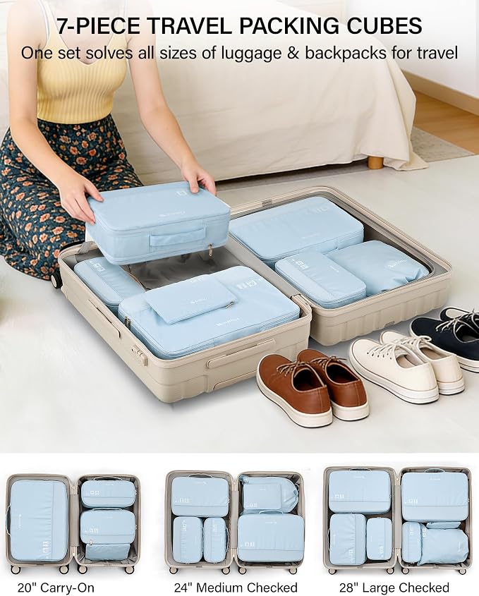 Hanke 7 Piece Expandable Compression Packing Cubes, Premium Travel Packing Organizers for Suitcases/Carry On, Luggage Organizer Bags with Breathable Mesh & Label,Light Blue - Image 8