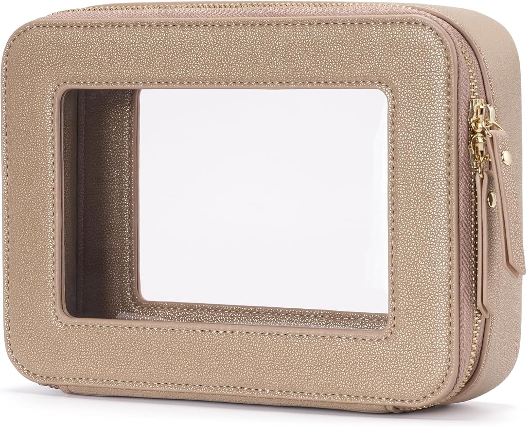 Popvibe Clear Makeup Bag Travel Cosmetic Case Transparent Toiletry Bag with Zipper, Portable Make Up Organizer Traveling Compact Car Bag for Essentials, Gold, Medium by POPVIBE