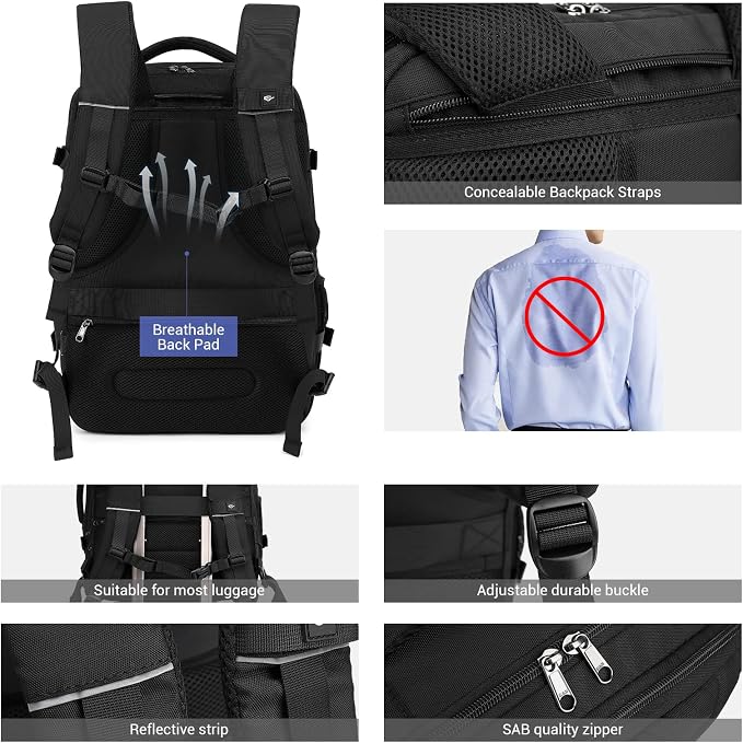 MOLNIA 50L Expandable Travel Backpack for Men Women, Carry On Backpack Airline Approved, Suitcase Backpack with Packing Cubes, Water Resistant Luggage Backpack Daypack Weekender Bag, Black - Image 5