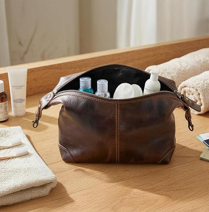RUSTIC TOWN Full Grain Leather Toiletry Bag for Men & Women – Handcrafted Travel Dopp Kit – Large Water-Resistant Makeup & Shaving Organizer, Walnut Brown - Image 3