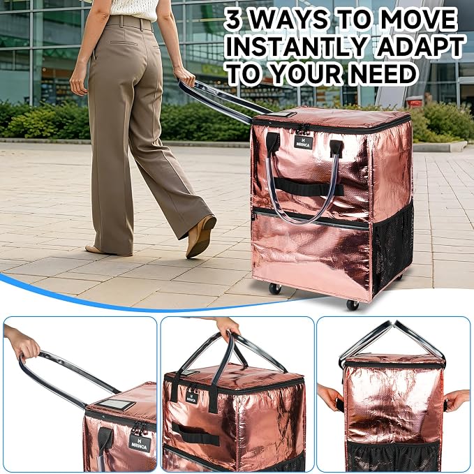 Large Reusable Grocery Bag On 5 Wheels, 130L Foldable Rolling Tote Bag, Heavy Duty Shopping Cart with Multiple Pockets, Rolling Grocery Bag, Zipper Closure & Handles for Shopping Travel, Rose Gold - Image 3