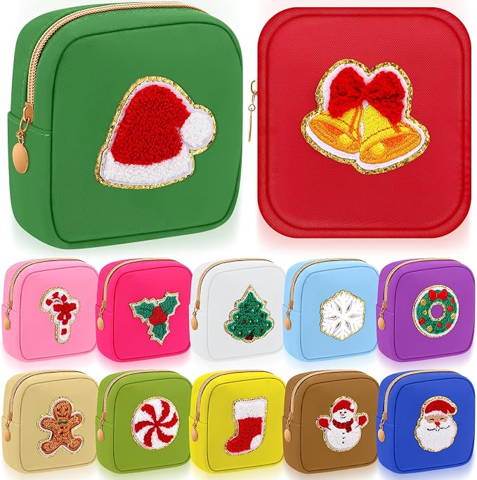 Abbylike 12 Pcs Christmas Preppy Patch Makeup Bags Bulk Holiday Makeup Bag Skincare Pouch Xmas Zipper Cosmetic Pouch Preppy Thing for Travel Christmas Women Gift (Classic,Assorted Colors) by Abbylike