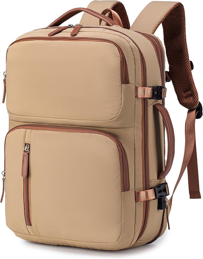 17x13x9 Personal Item Bag Travel Backpack for Men Women | 43x33x22cm Travel Bag Expandable with USB Charging Port 180°Full Open Access Laptop Backpack ,Beige by Nixjoro