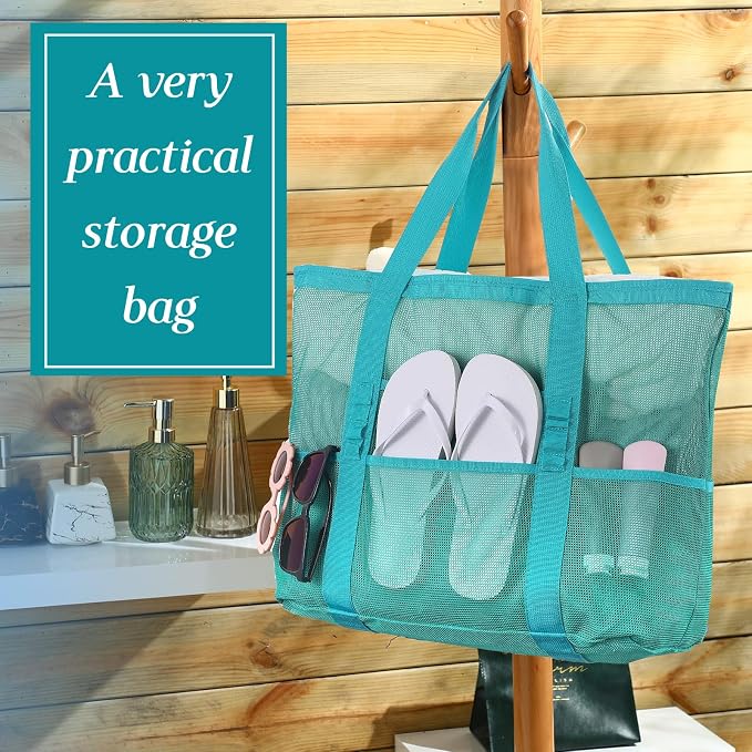 Hillban Large Beach Mesh Bags Bulk for Women Beach Tote Bag with 8 Pocket Zipper Waterproof Sandproof for Pool Cruise Ship - Image 5