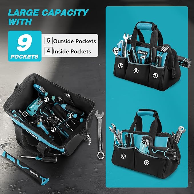 DURATECH 13" Small Tool Bag with 9 Pockets, Wide Open Tool Carrier | Thickened Fabric Construction, Multiple Storage Pockets, Tool Organization, Mechanics Electricians Plumbers HVAC Use - Image 5